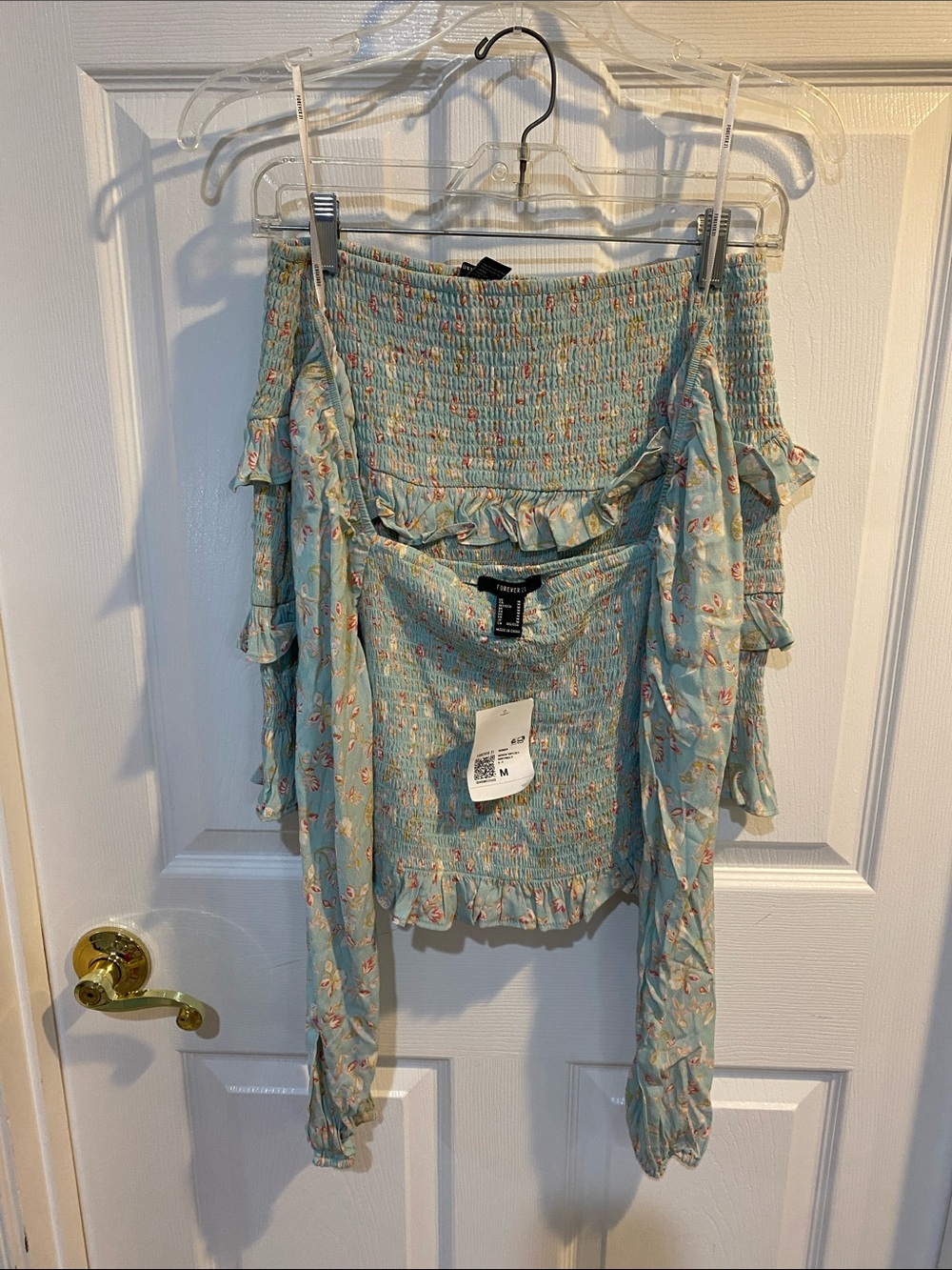 Forever 21 Light Blue Floral Off-the-Shoulder Smocked Tunic and matching skirt